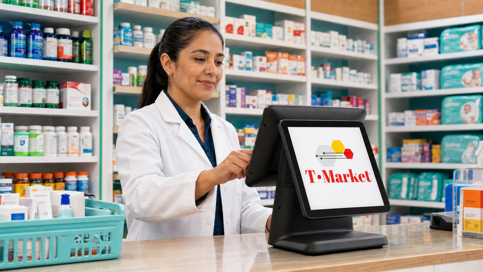 Farmacéutica mexicana utilizando T Market POS en una farmacia surtida