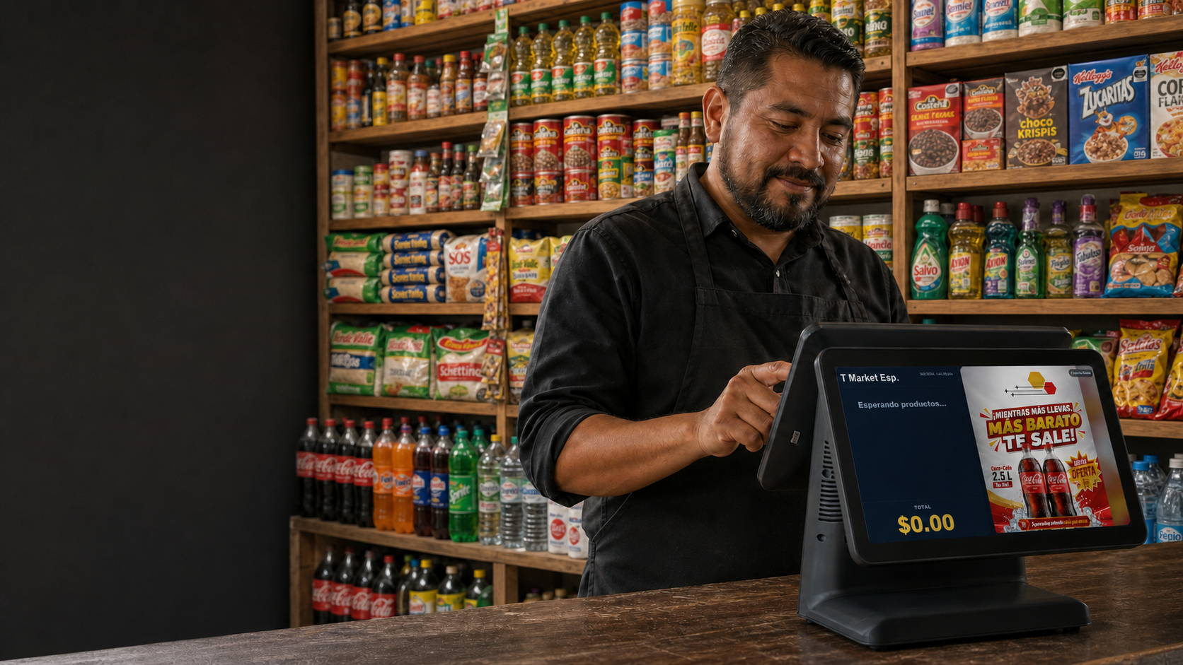 Comerciante mexicano operando una terminal negra T Market POS de doble pantalla en su tienda de abarrotes surtida